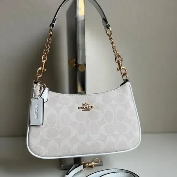 Coach White Signature Jacquard Shoulder Bag with Gold Hardware - Picture 5 of 5